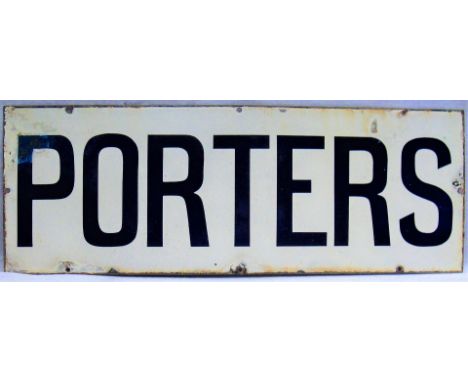 Enamel door plate. PORTERS. Measures 25in x 9in. Blue lettering.