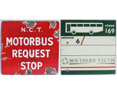 Double sided enamel Bus stop sign. NCT MOTOR BUS REQUEST STOP. Nottingham City Transport. Measures 15.75in x 15in, with some 