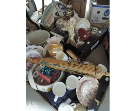 Two boxes of ceramics including lamp base and Chinese parosol
