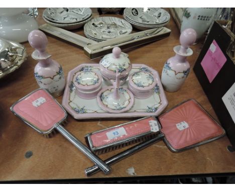 A selection of dressing table items including ceramic set