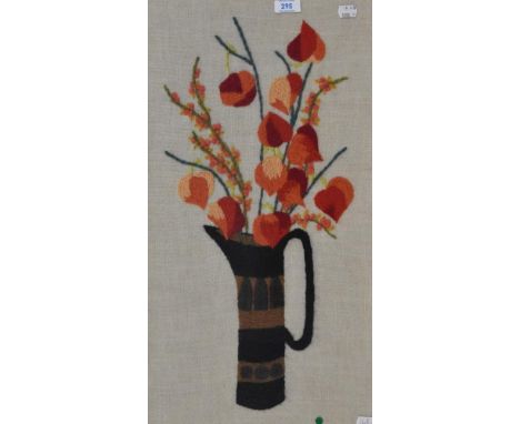 20th Century School needlework embroidery, a still life arrangement depicting a vase of Chinese Lantern plants framed and und