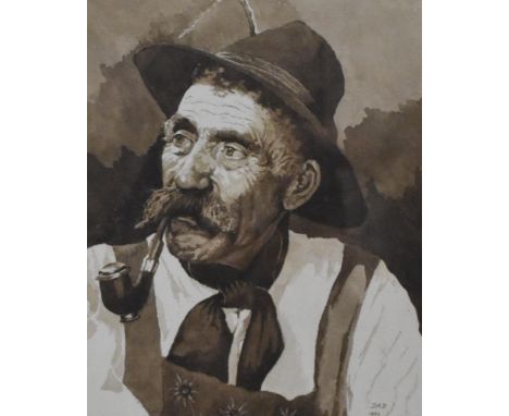 20th Century School watercolour, a shoulder length portrait of a Bavarian man smoking a pipe signed and dated 1962 to the low