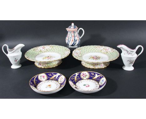 PAIR OF COALPORT SHELL SHAPED DISHES, circa 1830, painted with floral sprays; together with two Newhall helmet cream jugs, in