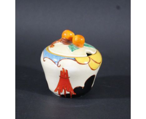 CLARICE CLIFF PRESERVE POT - SUMMER HOUSE a shape 230 preserve pot and lid, painted in the Summerhouse pattern. Marked, Fanta