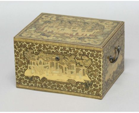CHINESE BLACK LACQUERED AND GILT TEA CADDY, possibly late 19th century, decorated to each panel with figures before pagodas i