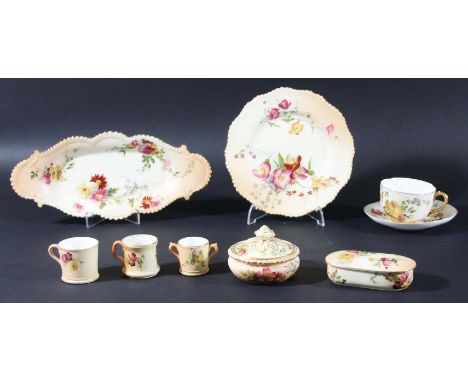 COLLECTION OF ROYAL WORCESTER BLUSH IVORY DRESSING TABLE ITEMS, circa 1900-1920, to include two trays, seven pots and covers,