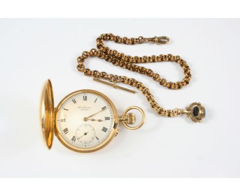 AN 18CT. GOLD HALF HUNTING CASED POCKET WATCH BY J.W. BENSON, LONDON the signed white enamel dial with Roman numerals and sub