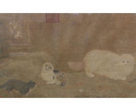 CHINESE SCHOOL SCROLL PAINTING, Cat and two kittens, colours in silk, possibly late Ming, large red seal to top, collectors s