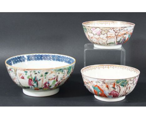 PAIR OF CHINESE BOWLS, Qianlong, enamelled with scenes of figures off hunting with a falcon, diameter 14cm; together with ano