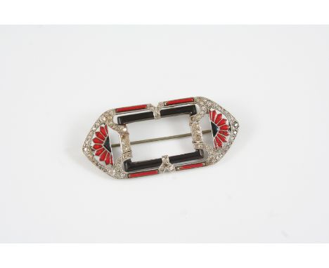 AN ART DECO DIAMOND AND ENAMEL BROOCH the openwork design is millegrain set with graduated circular diamonds, with black and 