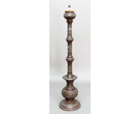 CHINESE CHAMPLEVE STANDARD LAMP, the tapering, knopped column with bands of flower head decoration on a Greek key style style