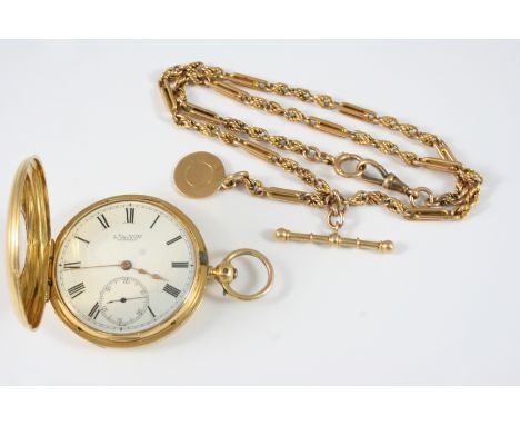 AN 18CT. GOLD HALF HUNTING CASED POCKET WATCH the white enamel dial signed A. & L. Moses, 26 The Hard, Portsea, with Roman nu