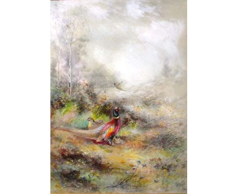 JAMES STINTON - ROYAL WORCESTER ARTIST, Pheasants in a woodland setting, watercolour, signed lower left, 26cm x 19cm