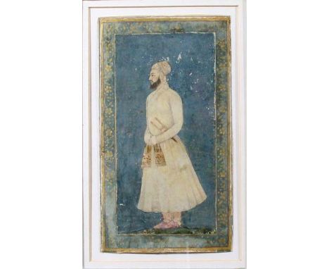 INDIAN PORTRAIT MINIATURE, PROBABLY PUNJAB, Portrait of a Mughal Noble man with a Katar, watercolour and gilt highlights, pos