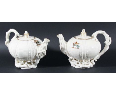 BELLEEK ECHINUS CRESTED PART TEA SERVICE, 2nd period, comprising two teapots and covers, tea cups and saucers in two sizes an
