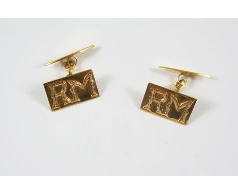 A PAIR OF 18CT. GOLD CUFFLINKS of rectangular form, each embossed with the initials R M, 11.2 grams.