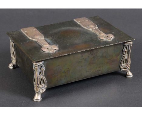 ARTS & CRAFTS JEWELLERY BOX - WILLIAM HUTTON & SONS a hand beaten patinated copper jewellery box, with large strap work hinge