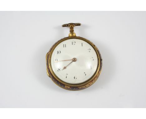 A GEORGE III TORTOISESHELL AND GILT PAIR CASED POCKET WATCH the white enamel dial with Arabic numerals, the verge movement si