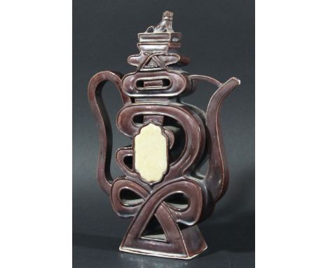 CHINESE SHOU CHARACTER WINE EWER AND COVER, in a brown, iridescent glaze centred to each side on a white jade coloured cartou