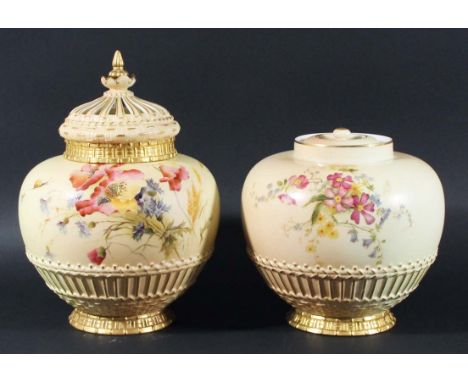 ROYAL WORCESTER BLUSH IVORY POT POURRI AND COVERS, date code for 1895, shape 1286, painted with flowers above a basket weave 