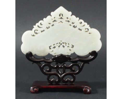 CHINESE NEAR WHITE JADE PLAQUE, Ming style, of arrowhead form, carved and pierced with a bat amongst clouds and phoenix with 