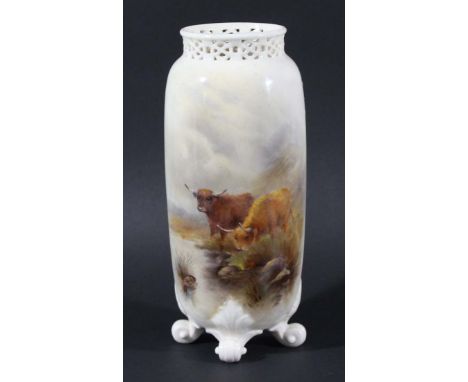 ROYAL WORCESTER VASE, circa 1918, shaped G42, signed H Stinton, painted with highland cattle beneath a reticulated rim, green