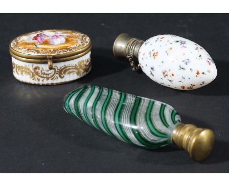 FRENCH MILK GLASS SCENT BOTTLE, 19th century, of ovoid form with enamelled and gilt flowers, height 7.5cm; together with a Ve