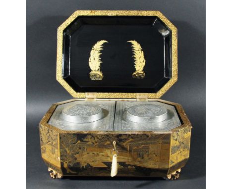 CHINESE EXPORT LACQUERED TEA CADDY, probably later 19th century, of octagonal form, with gilt tea growing and courtyard scene
