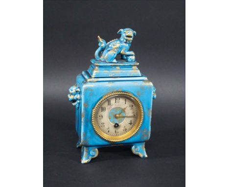 MAJOLICA MANTLE CLOCK - HOWELL & JAMES a pottery clock in the Chinese style possibly by Minton, in a turquoise glaze and with