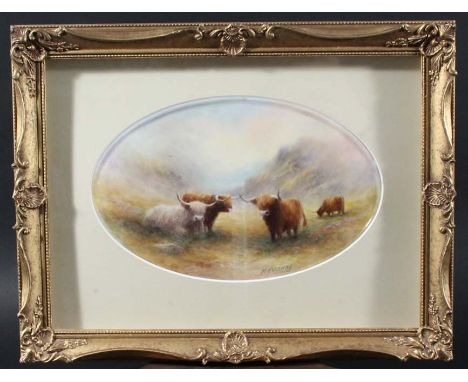 MILWYN HOLLOWAY - ROYAL WORCESTER ARTIST Highland Cattle in a mountain scene, oval porcelain plaque, signed lower right, prin
