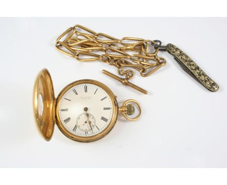 AN 18CT. GOLD HALF HUNTING CASED POCKET WATCH the white enamel dial signed Robt. Roskell, Liverpool, with Roman numerals and 