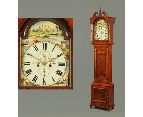 An early 19th century mahogany longcase clock, with swans neck pediment above an arched glazed door enclosing the painted dia