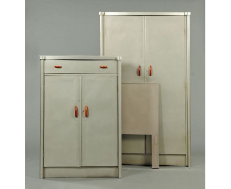 A Hunting Aviation Limited metal bedroom suite, designed and patented by P.B. Cow & Co. and comprising a large wardrobe, widt