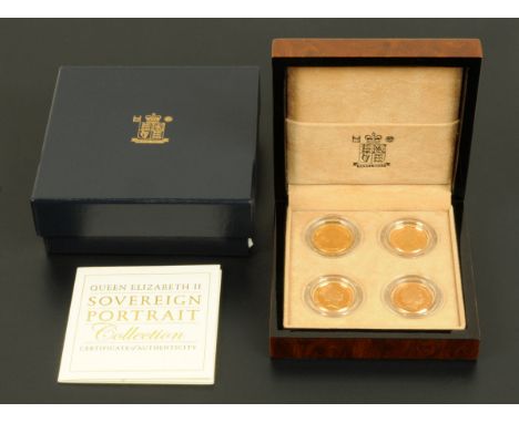 A Queen Elizabeth II UK gold proof four coin sovereign collection, 2007, wooden case, Sovereign Portrait Collection (see illu