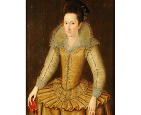 * English School (early 17th century), oil on panel, portrait of Lady Parker (nee Mary Senhouse), three-quarter length, weari