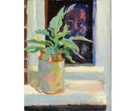 * Oil on canvas, study of stoneware jar and plant with portrait behind.  24 cm x 19 cm.