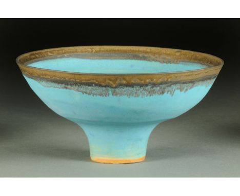 * Lucie Rie (1902-1995), a porcelain trumpet bowl, turquoise glaze and metallic border, impressed "LR" monogram within foot. 