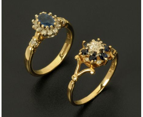 Two 9 ct gold sapphire and diamond dress rings, sizes K and P. 