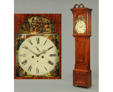 An early 19th century mahogany longcase clock, Scottish, with swans neck pediment above the arched painted dial with spandrel