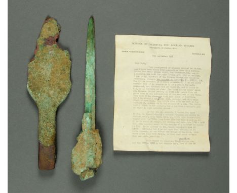 * An Iraq broad bladed dagger and a pointed sword, with letter from The School of Oriental & African Studies 1963 suggesting 