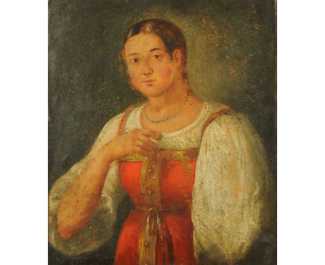 Late 19th/early 20th century Russian School, oil painting on board, portrait of a lady, three-quarter length.  37 cm x 31.5 c