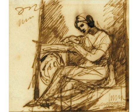 * George Romney (1734-1802), study for a portrait of a seated lady, pen and ink.  8.8 cm x 9.2 cm, label verso "Anthony Reed,