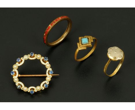 A 15 ct yellow gold sapphire pearl and enamel brooch, diameter 21 mm, a turquoise single stone ring, an eternity ring with re