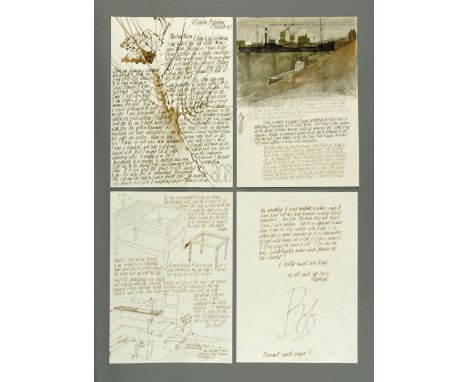 * Percy Kelly, watercolour illustrated letter, "Harbour, Workington with Hopper, Moss Bay", 29.5 cm x 20.5 cm, with further l