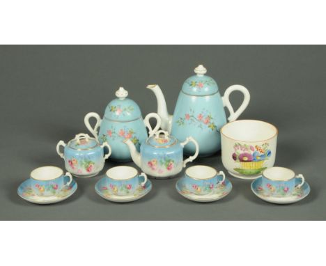 A collection of Russian ceramics, comprising teapot, lidded sucrier, four cups and four saucers, with puce mark to base, a si