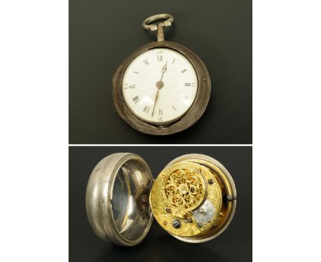 A George II silver pair cased verge pocket watch, by R. Elliott, London, 1756, Serial No. 1831, the enamelled dial with Roman