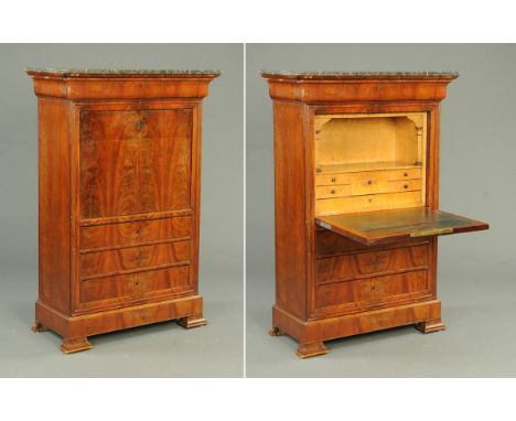 A four drawer 19th century French walnut secretaire Abbatant, with a secret fifth drawer to the base, the architectural style