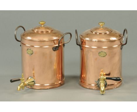 A pair of lidded copper urns, each with tap and bearing plaque "John Froggatt".  Height 34 cm (see illustration). 