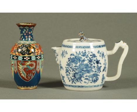 A 19th century Chinese blue and white barrel shaped teapot and cover, height 11 cm, and a Cloisonne vase. CONDITION REPORT: T