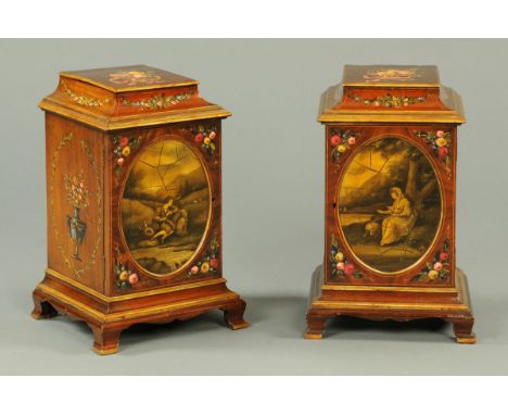 A pair of Edwardian painted mahogany table top cabinets, each with caddy top with hinged compartment above a painted door enc